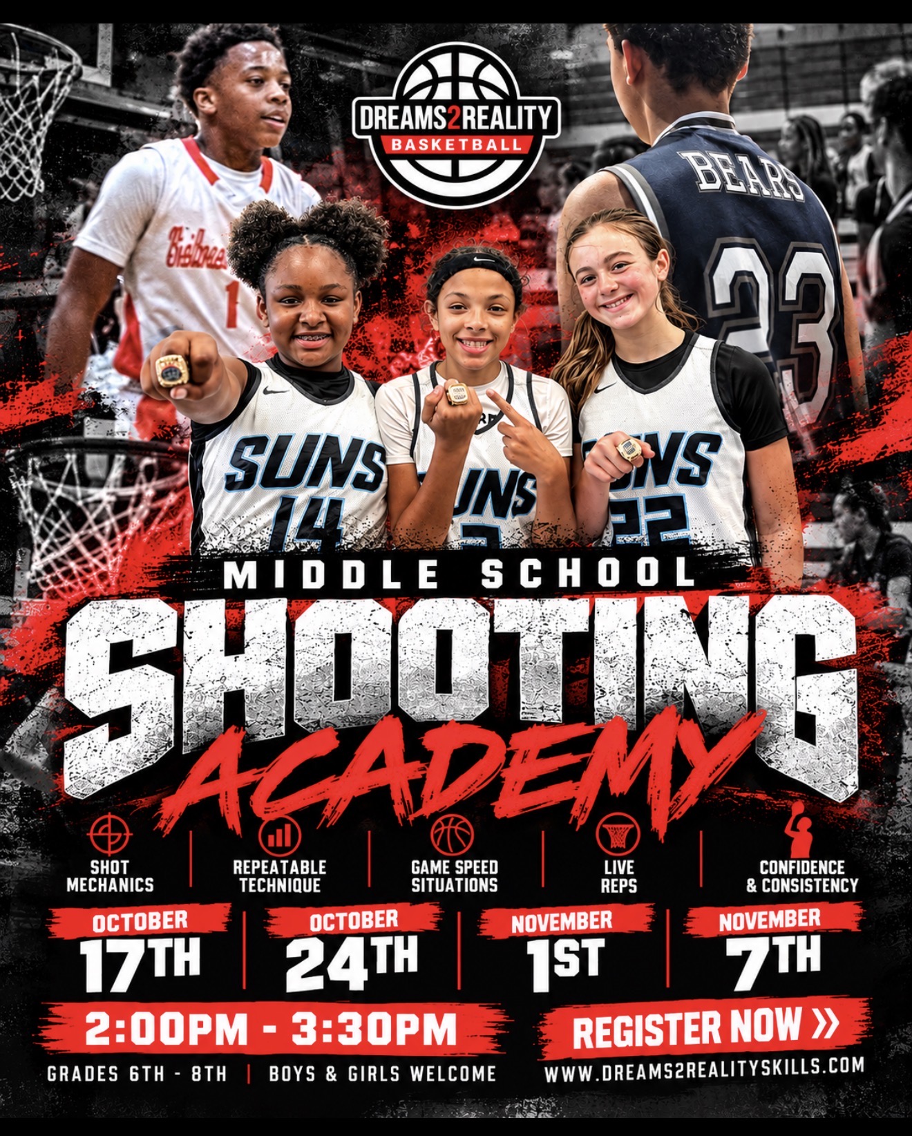 Middle School Shooting Academy, grades 6 through 8, boys and girls, October 17 and 24, November 1 and 7, 2026, 2:00 to 3:30 PM